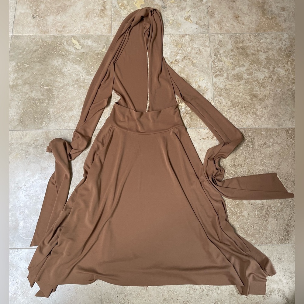 Calypso St. Barth Brown Ruched Long Sleeve Plunge Dress